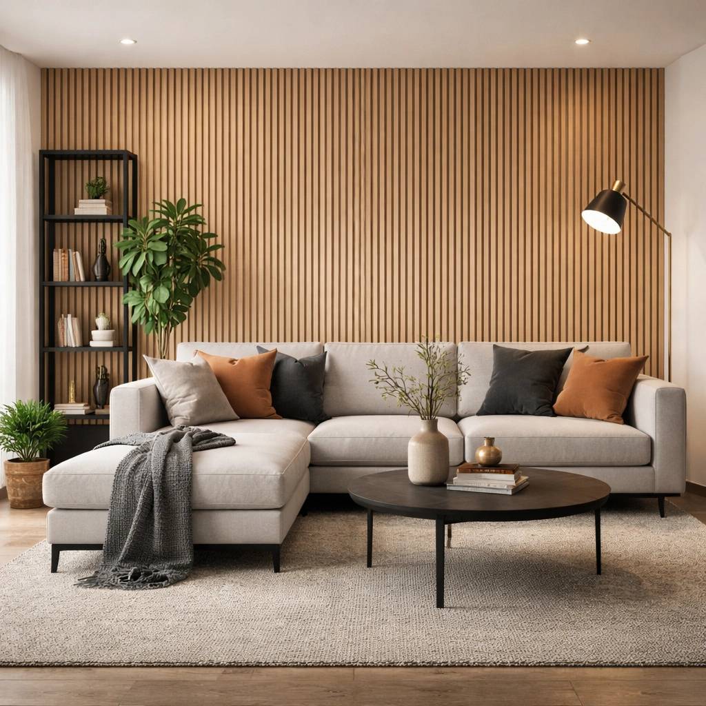 Ξύλινα πάνελ τοίχου Praxitelis σε σύγχρονο σαλόνι με μοντέρνο design και φυσική υφή