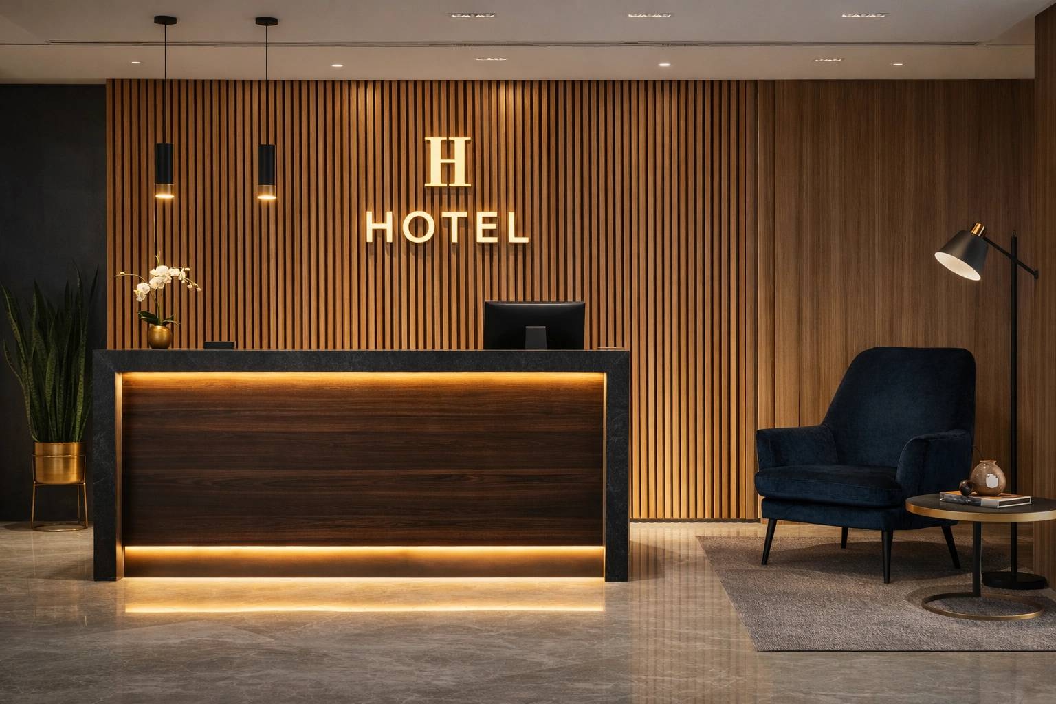 Πάνελ τοίχου Praxitelis σε σύγχρονη reception ξενοδοχείου με φωτιζόμενο πάγκο και minimal διακόσμηση.